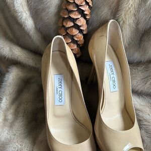 Jimmy Choo patent leather peep to beige pumps size 8.5, excellent condition .